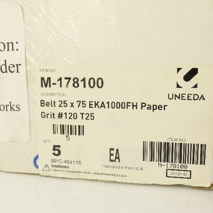 Uneeda M-178100 25" x 75" EKA1000FH Paper #120 Grit T25 Sanding Belts Lot Of 5