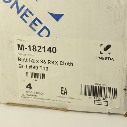Uneeda M-182140 52" x 86" RKX Cloth #80 Grit T10 Sanding Belts Lot Of 4