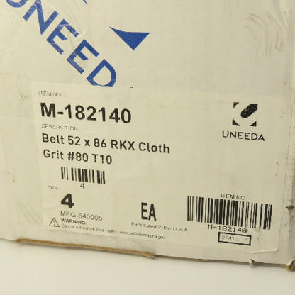 Uneeda M-182140 52" x 86" RKX Cloth #80 Grit T10 Sanding Belts Lot Of 4