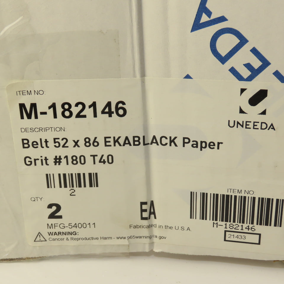 Uneeda M-182146 52" x 86" Ekablack Paper #180 Grit T40 Sanding Belts Lot Of 2