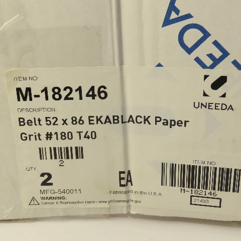 Uneeda M-182146 52" x 86" Ekablack Paper #180 Grit T40 Sanding Belts Lot Of 2