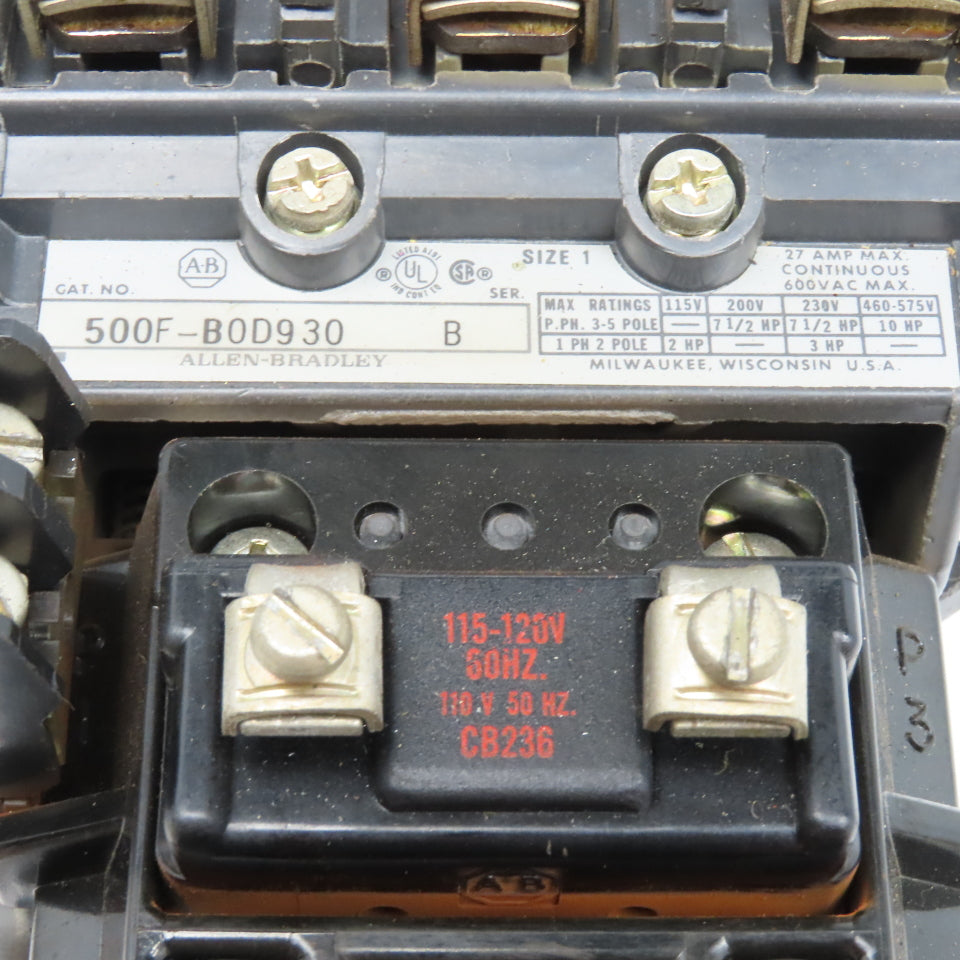Allen Bradley 500F-BOD930 Contactor Relay Size 1 27A 600V 10Hp 120V Coil