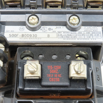 Allen Bradley 500F-BOD930 Contactor Relay Size 1 27A 600V 10Hp 120V Coil