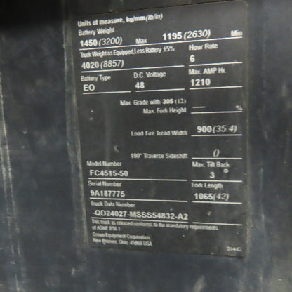 Crown FC4515-50 48V 5000Lbs Capacity Electric Forklift 240" Lift 4 Stage Mast