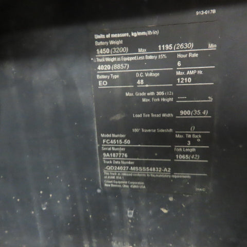 Crown FC4515-50 48V 5000Lbs Capacity Electric Forklift 240" Lift 4 Stage Mast