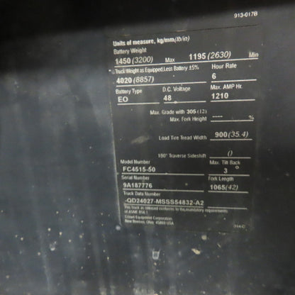 Crown FC4515-50 48V 5000Lbs Capacity Electric Forklift 240" Lift 4 Stage Mast