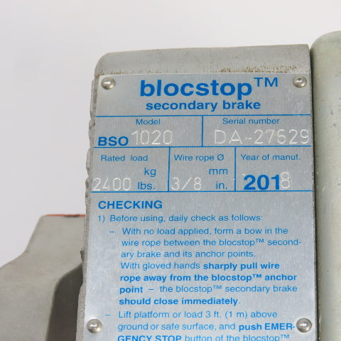 Tractel BSO1020 Blocstop Secondary Safety Braking System 2400LBS 3/8" Wire Rope