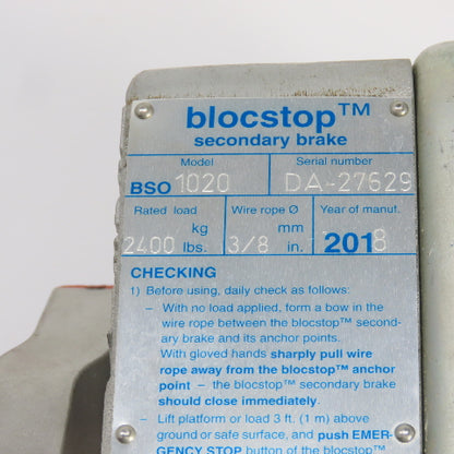 Tractel BSO1020 Blocstop Secondary Safety Braking System 2400LBS 3/8" Wire Rope