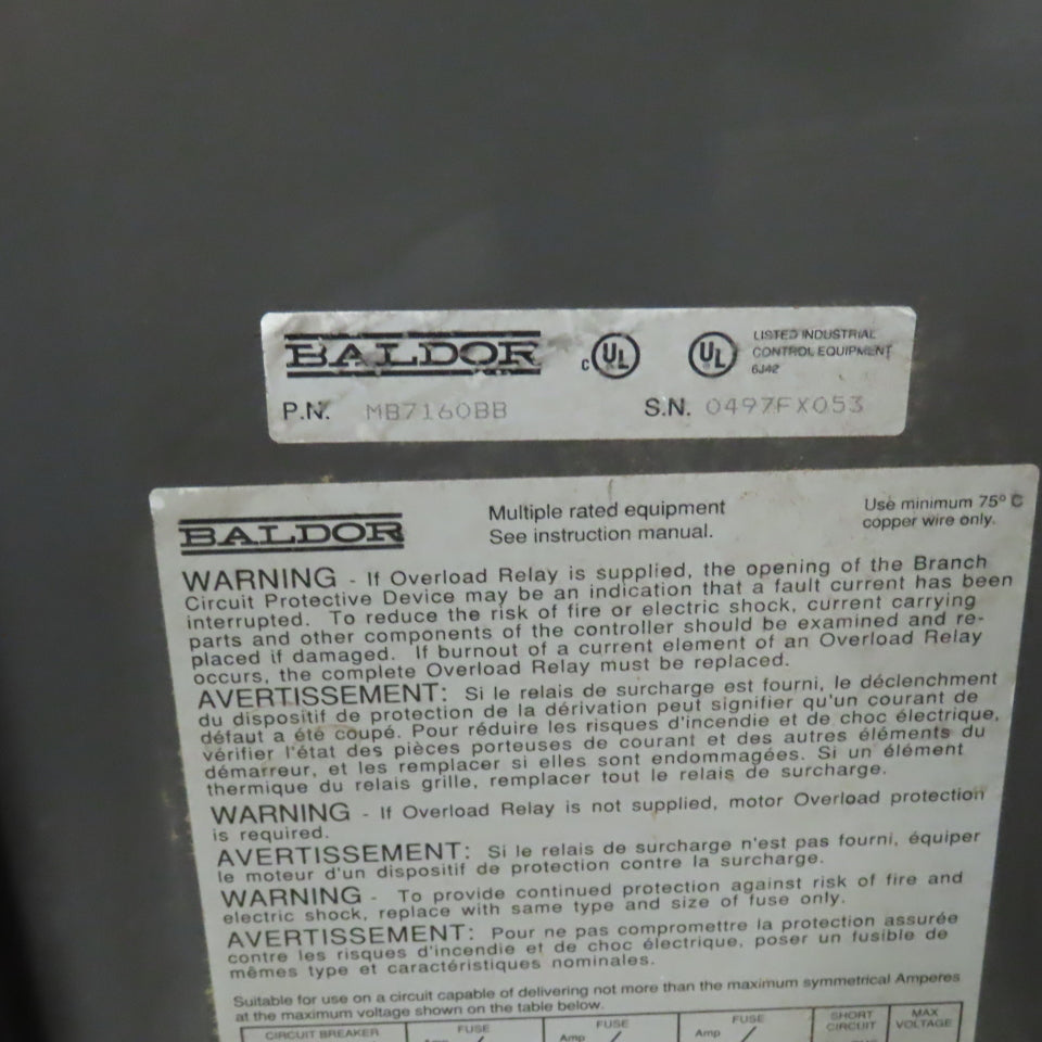 Baldor MB7160BB 160A Solid State Soft Starter 50/60/125HP 208-230/460V 3PH 60HZ