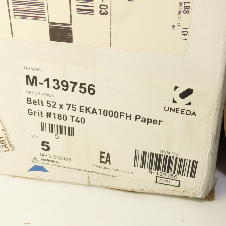 Uneeda M-139756 52" x 75" EKA 1000FH Paper #180 Grit T40 Sanding Belts Lot Of 5