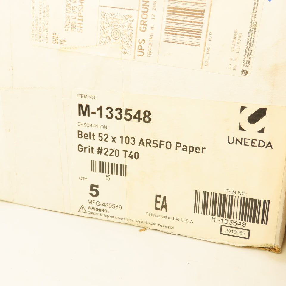 Uneeda M-133548 52" x 103" ARSF0 Paper #220 Grit T40 Sanding Belts Lot Of 5