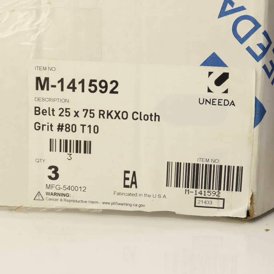 Uneeda M-141592 25" x 75" RKXO Cloth #80 Grit T10 Sanding Belts Lot Of 3