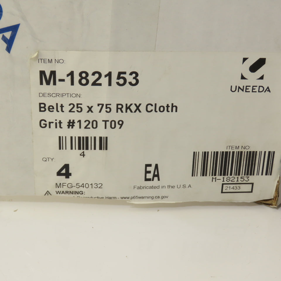 Uneeda M-182153 25" x 75" RKX Cloth #120 Grit T09 Sanding Belts Lot Of 4