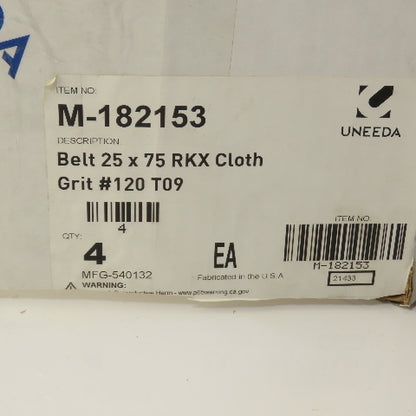 Uneeda M-182153 25" x 75" RKX Cloth #120 Grit T09 Sanding Belts Lot Of 4