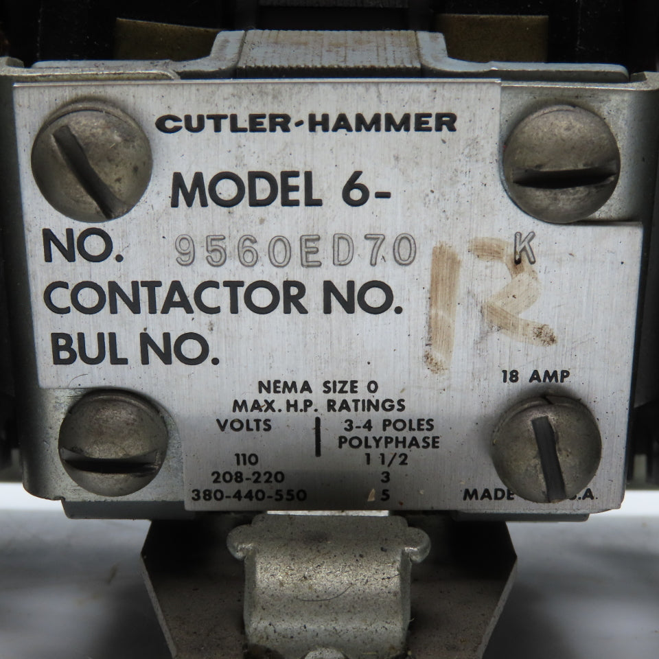 Cutler Hammer 9560ED70 Model 6 600V 18A Contactor Relay 115V Coil NEMA Size 0