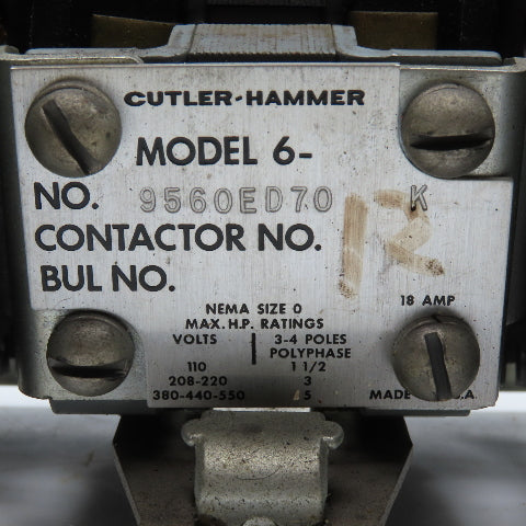 Cutler Hammer 9560ED70 Model 6 600V 18A Contactor Relay 115V Coil NEMA Size 0