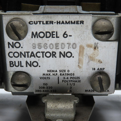 Cutler Hammer 9560ED70 Model 6 600V 18A Contactor Relay 115V Coil NEMA Size 0