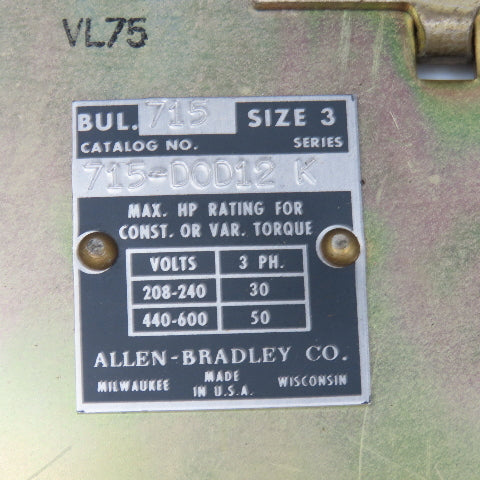 Allen Bradley 715-DOD12 Size 3 Motor Starter 600V 50Hp 3Ph 120VAC Coil