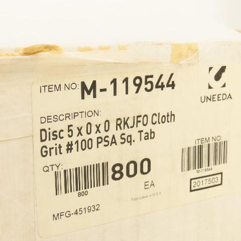 Uneeda M-119544 5" Diameter Sanding Disc RKJFO Cloth #100 Grit Sq. Tab Lot/800