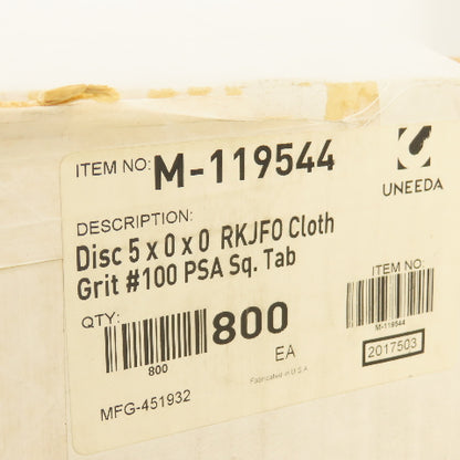Uneeda M-119544 5" Diameter Sanding Disc RKJFO Cloth #100 Grit Sq. Tab Lot/800