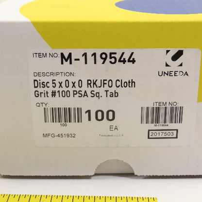 Uneeda M-119544 5" Diameter Sanding Disc RKJFO Cloth #100 Grit Sq. Tab Lot/800