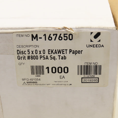 Uneeda M-167650 5" Diameter Sanding Disc EKAWET Paper #800 Grit Sq. Tab Lot/1000