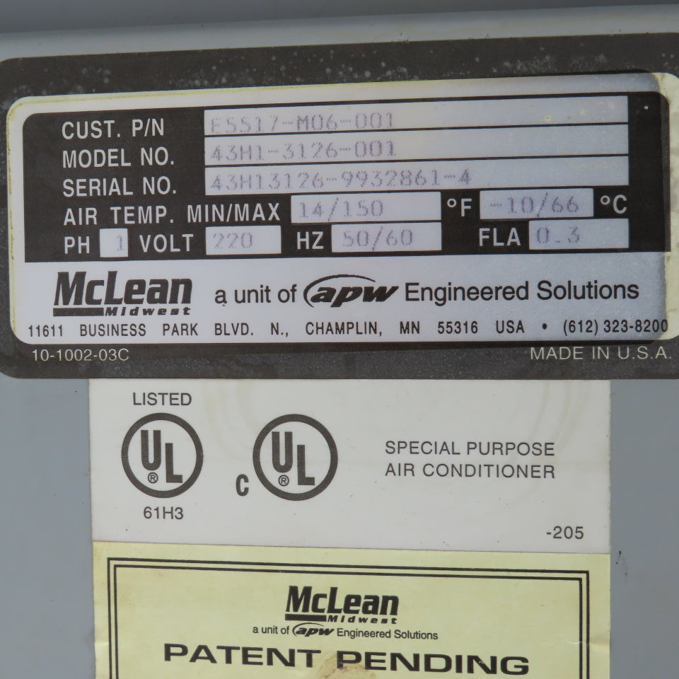 APW McLean 43H1-3126-001 Heat Exchanger Air Conditioner 14/150 °F Temp 220V 1PH