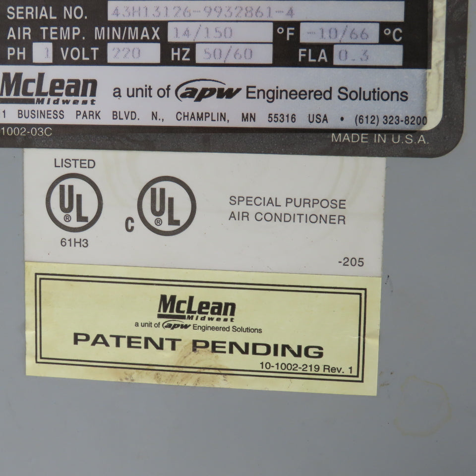APW McLean 43H1-3126-001 Heat Exchanger Air Conditioner 14/150 °F Temp 220V 1PH