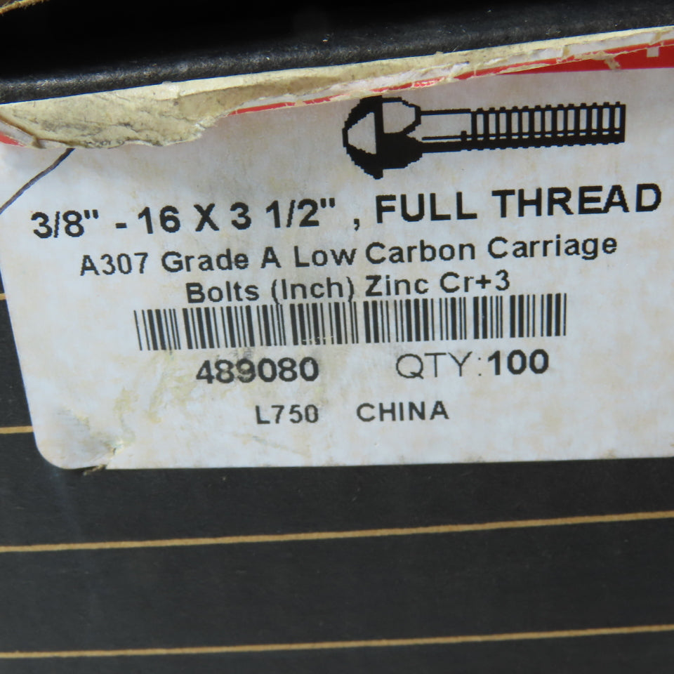 Brighton Best 3/8"-16 x 3-1/2" Zinc Coated Carriage Bolt Full Thread Lot/100