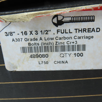 Brighton Best 3/8"-16 x 3-1/2" Zinc Coated Carriage Bolt Full Thread Lot/100