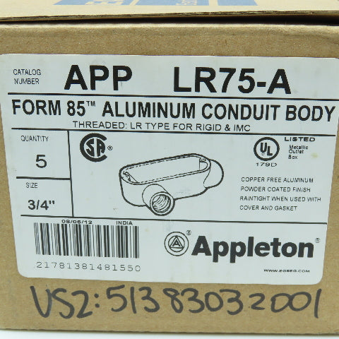 Appleton LR75-A 3/4" Form 85 Aluminum Conduit Body Lot of 5