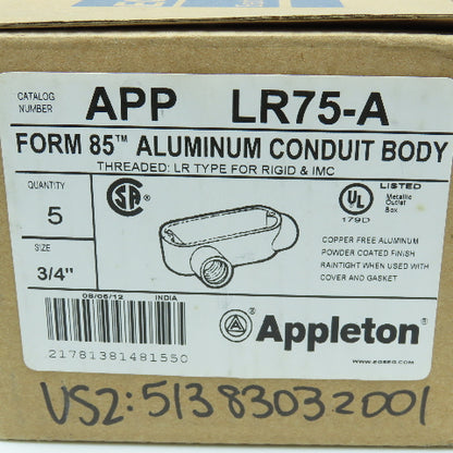 Appleton LR75-A 3/4" Form 85 Aluminum Conduit Body Lot of 5