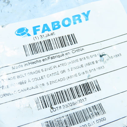 Fabory 5/16"-18 x 3" Grade 5 Zinc Coated Carriage Bolt Lot of 145