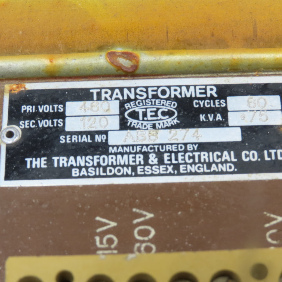 Transformer & Electric Co. TEC 460V Pri .75kVa 120V Sec 60Hz Transformer Tested