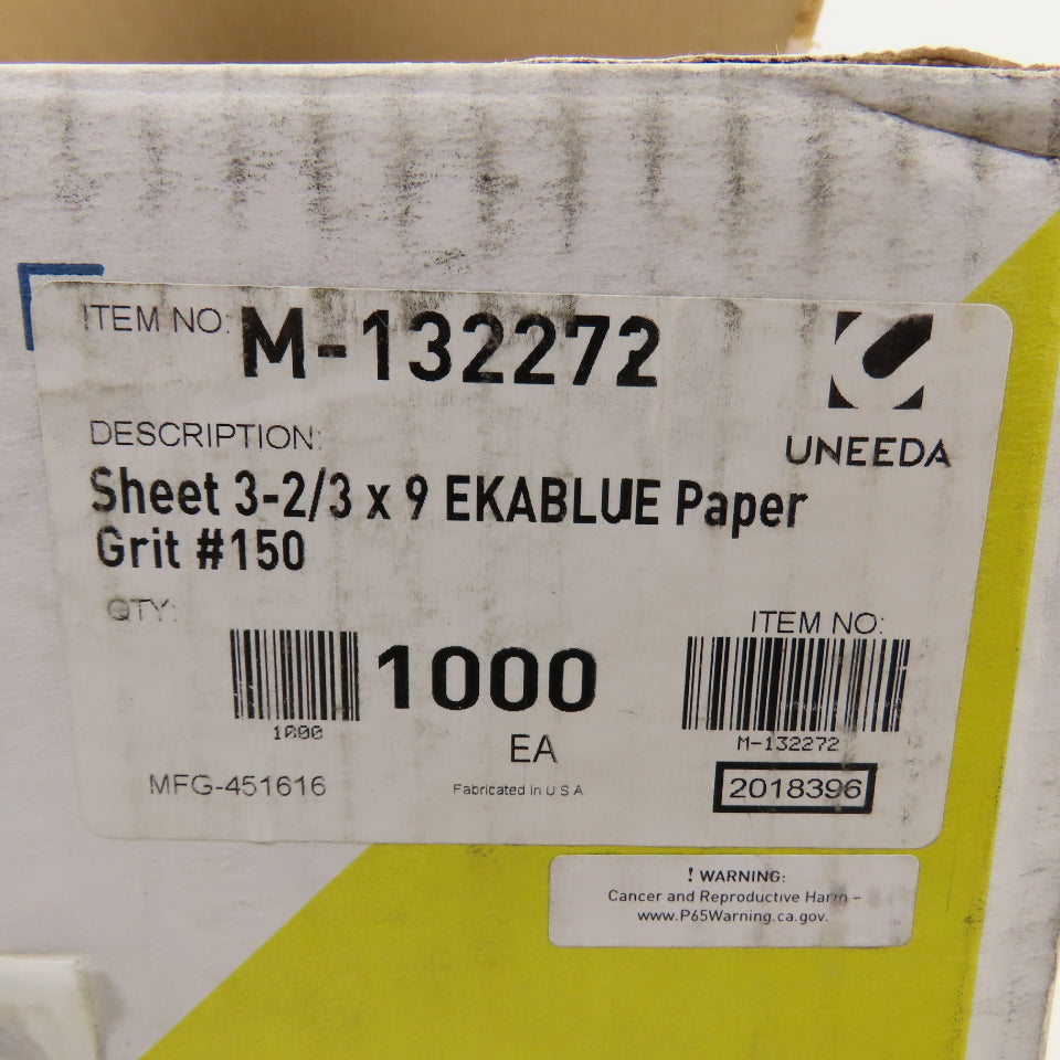 Uneeda M-132272 3-2/3" x 9" Sanding Sheets EKABLUE Paper #150 Grit Lot Of 1000