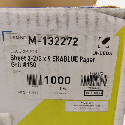 Uneeda M-132272 3-2/3" x 9" Sanding Sheets EKABLUE Paper #150 Grit Lot Of 1000