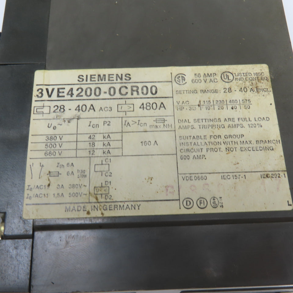 Siemens 3VE4200-0CR00 600V 20-40A Trip Range Molded Case Circuit Breaker