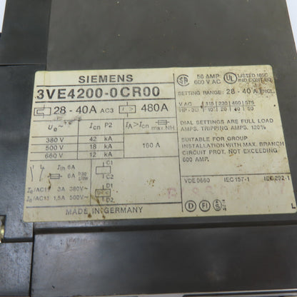 Siemens 3VE4200-0CR00 600V 20-40A Trip Range Molded Case Circuit Breaker