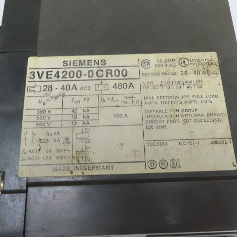 Siemens 3VE4200-0CR00 600V 20-40A Trip Range Molded Case Circuit Breaker