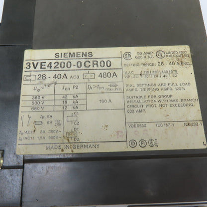 Siemens 3VE4200-0CR00 600V 20-40A Trip Range Molded Case Circuit Breaker