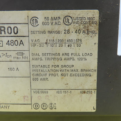 Siemens 3VE4200-0CR00 600V 20-40A Trip Range Molded Case Circuit Breaker