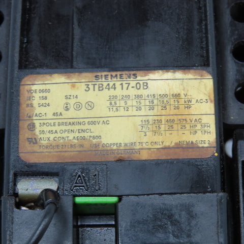 Siemens 3TB44 17-0B Contactor Starter Relay 600V 20Hp 24VDC Coil