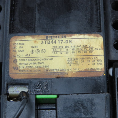 Siemens 3TB44 17-0B Contactor Starter Relay 600V 20Hp 24VDC Coil