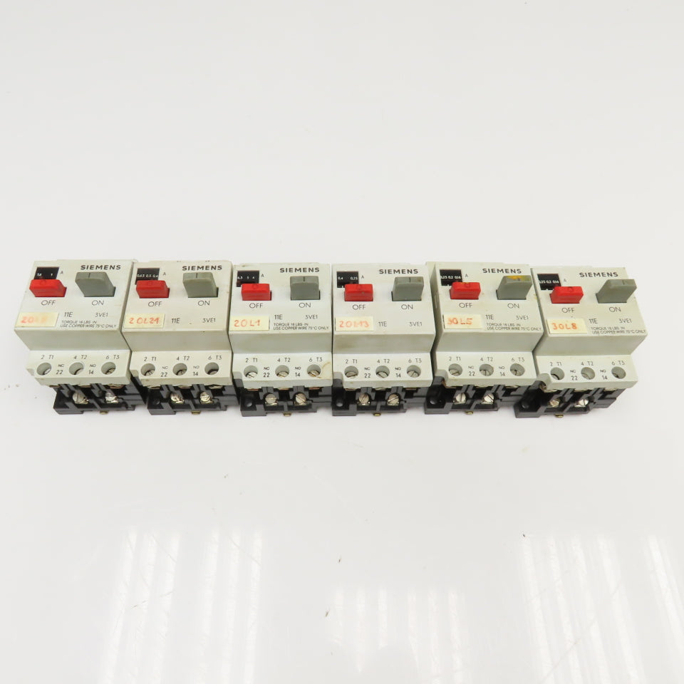Siemens 3VE1010- Manual Motor Starters 600V 7.5A, 3A, 75A, 4.8A Mixed Lot Of 6
