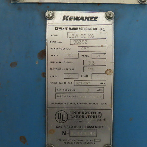 Kewanee L3W-60-KG 460V Natural Gas Boiler 60Hp 100PSI Water