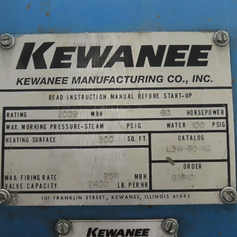 Kewanee L3W-60-KG 460V Natural Gas Boiler 60Hp 100PSI Water