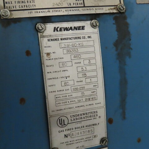 Kewanee L3W-60-KG 460V Natural Gas Boiler 60Hp 100PSI Water