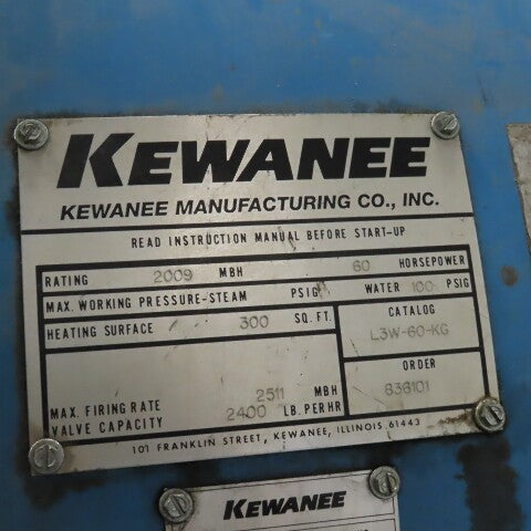 Kewanee L3W-60-KG 460V Natural Gas Boiler 60Hp 100PSI Water
