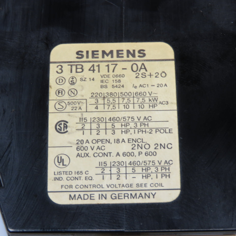 Siemens 3TB4117-0A Contactor Relay 600V 2NO 2NC Contacts 110/120V Coil