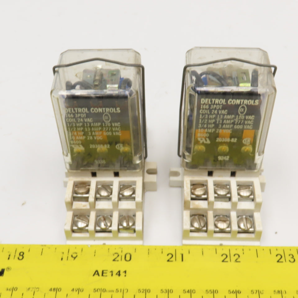 Deltrol 166 3PDT 3/4Hp 600VAC Max 24VAC Coil Ice Cube Relay W/ Base Lot Of 2